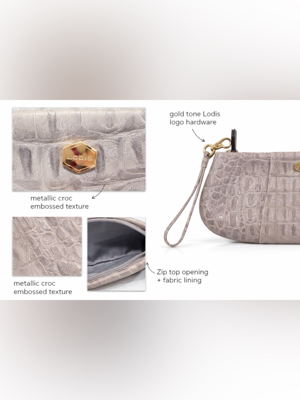 Event Ready! Lodis wristlet clutch metallic croc embossed zip pouch neutral - Picture 3 of 8